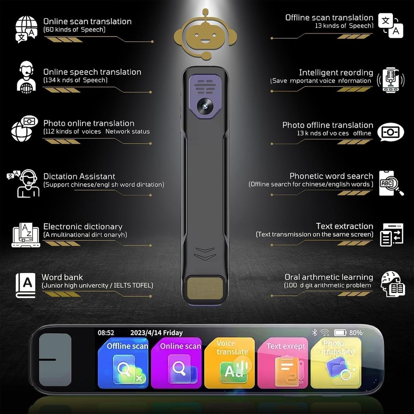 Scan Sense Pen, Scansense AI Smart Pen, Instant AI Answers for Math, History & More Offline Translation (60+ Languages), Camera, Bluetooth, Music & File Storage(Black)